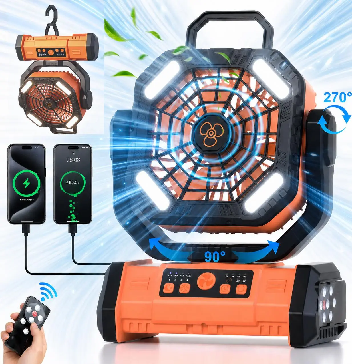 Portable Rechargeable Fan 20000mAh, Camping Fan with LED Light & Remote,  Multi-functional Fan with  Rotating Hook, Oscillating Emergency Camping Fan Cordless Rotatable Battery Powered Lightweight