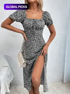 Women's French Style Ditsy Floral Print Dress, Milkmaid Dress, Boho Fashion Puff Sleeve Square Neck Ruched Dress for Daily Vacation Wear, Summer Dresses, Flowy Dress