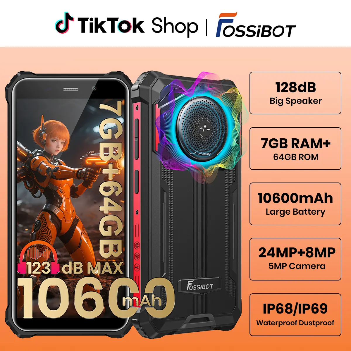 FOSSIBOT F101P Rugged Phone Unlocked 5.45"(2026), 10600mAh Unlocked Phone 123dB Loud Volume Phone, 7GB+64GB/1TB, 24MP Camera Waterproof Smartphone 4G Dual SIM/OTG/2Ghz Octa-core/IP68/IP69K (Black) | 123dB Loud Volume