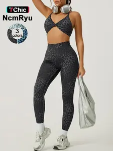 NcmRyu 2 piece set bra pants, Yoga bottoms leopard print front chest twisted cross suspender hip lifting line design high elasticity abdominal and hip lifting breathable yoga clothes gym training running women's sportswear Sportswear Running Fitness
