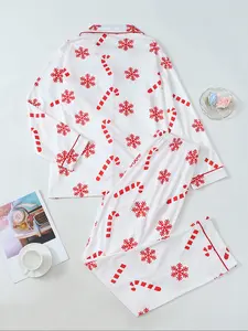 Women's Christmas Print Pajama Set, Long Sleeve Lapel Design Button, Soft Breathable Fabric, Holiday Casual Wear, Winter Home Loungewear