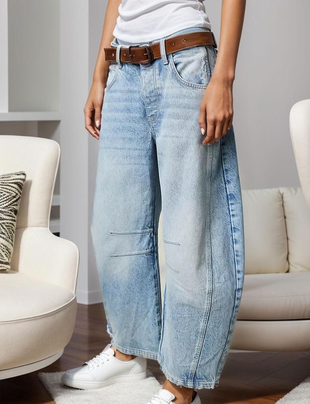 Naeduo Women's Baggy Boyfriend Jeans Vintage Wide Leg Mid Rise Barrel Denim Ankle Pants with Side & Back Pockets Comfortable Breathable Fabric for Autumn Streetwear
