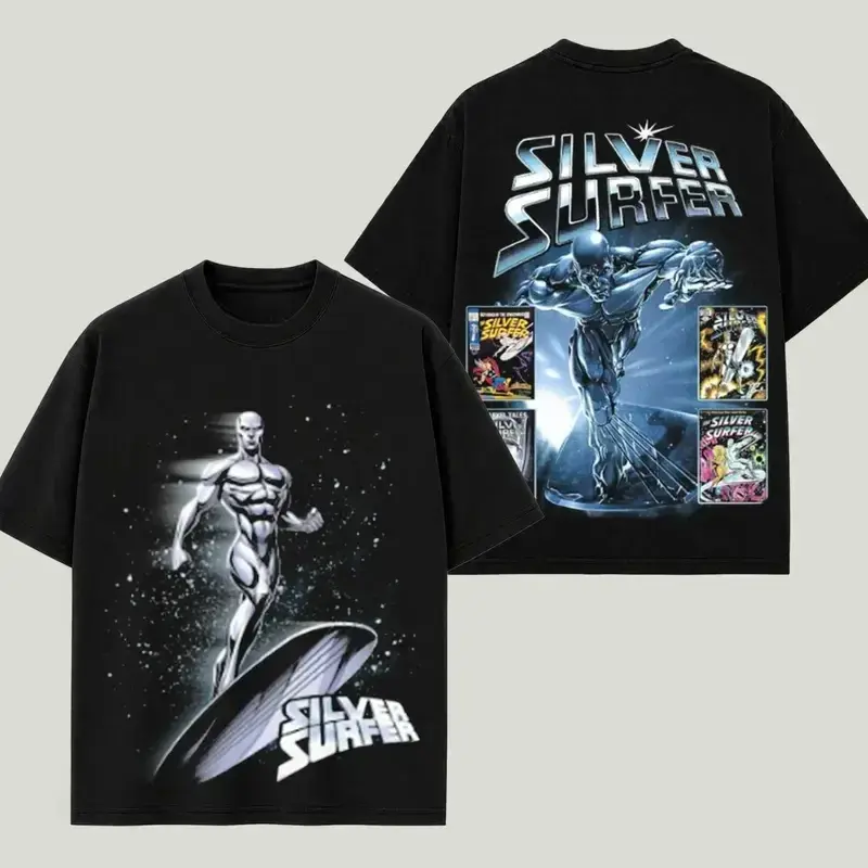Vintage Silver Surfer Double Sided Washed T Shirt Front Silver Surfer Surfboard Space Graphic Back Comic Cover Collage SILVER SURFER Bold Letter Print Oversized Unisex Cosmic Hero Short Sleeve Streetwear Tee