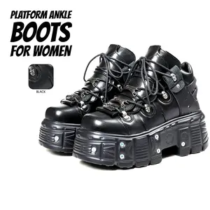 Ankle Boots for Womens Round Toe Platform Sneakers Lace Up Metallic Rivets Buckle Strap Lace Up Easy Pull on Rock Combat Punk Comfy Fashionable Y2k Outing Clubbing Event Party Spring Motorcycle Goth Work Casual Streetwear Dress Shoes Footwear