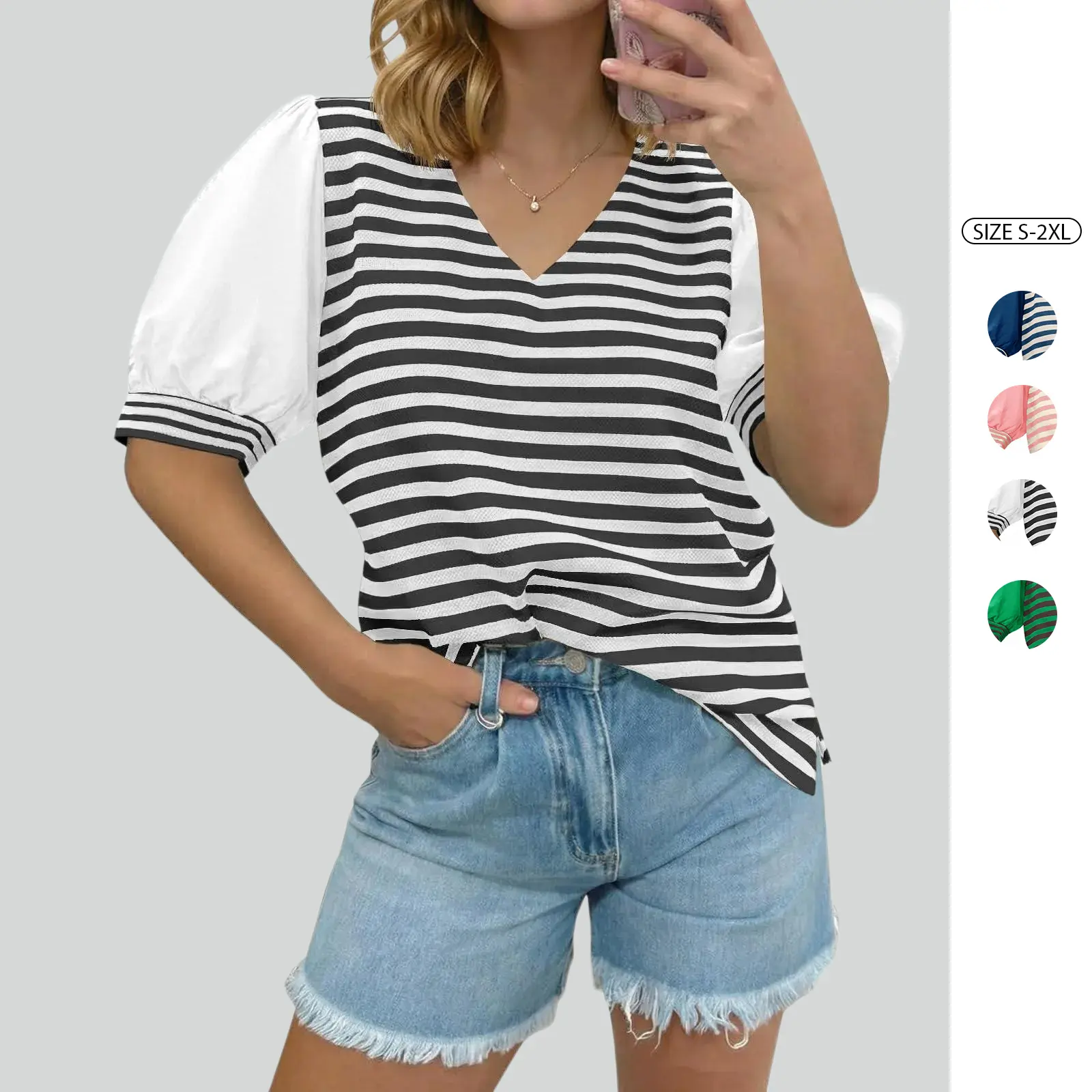 Imily Bela Womens Puff Sleeve Striped Tshirts Summer Oversized Color Block V Neck Tops Trendy Casual Basic Tee Shirts