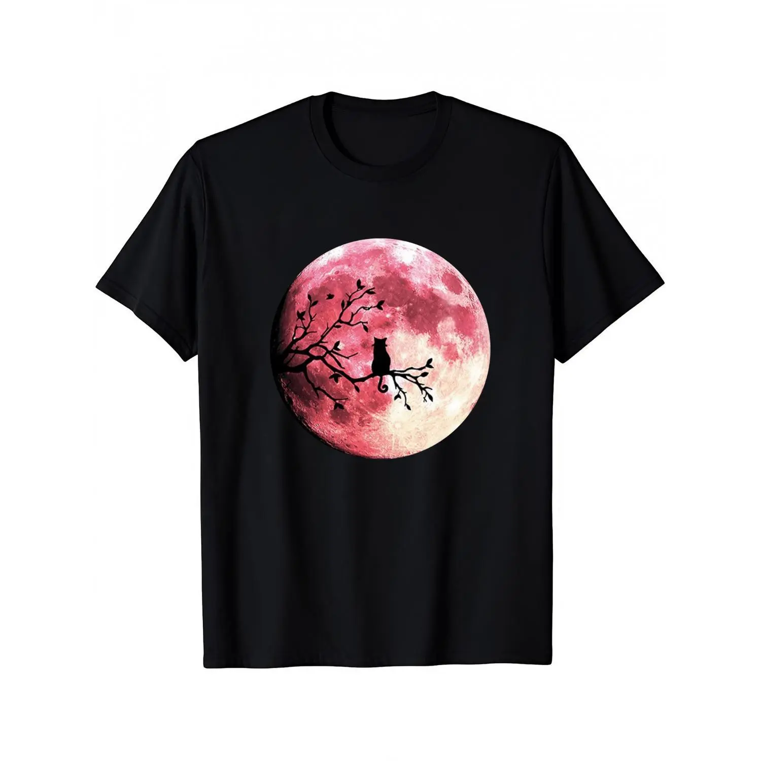 Men Cotton T-shirt with Moonlit Cat Silhouette Ramadan Graphic Featuring "May Your Ramadan Be as Radiant as the Red Moon and as Carefree as a Cat" Slogan Casual Top for Prayer Family Gatherings and Daily Commute