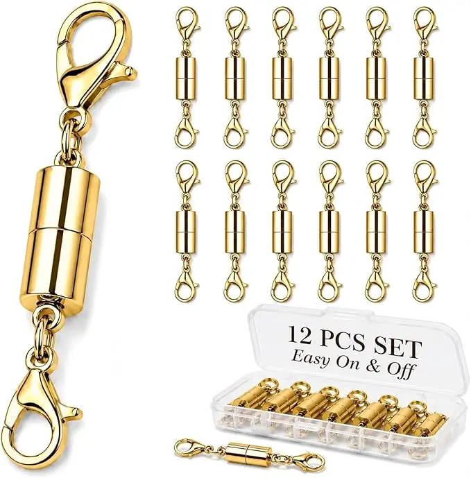 12 Pack Magnetic Necklace Clasps & Closures, Gold Cylinder Jewelry Extenders with Strong Magnetic Lock for Necklaces & Bracelets, Easy Snap-On Connectors