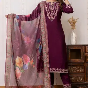 Gorgeous Three Kurta Suit in Purple with Floral Embroidery and Sheer Organza Dupatta