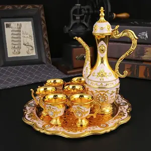 Vintage Metal Wine/Coffee Pot Set, Mediterranean Style Tea Set, 6 Luxury Coffee Cups, Craft Tea Tray And Teapot