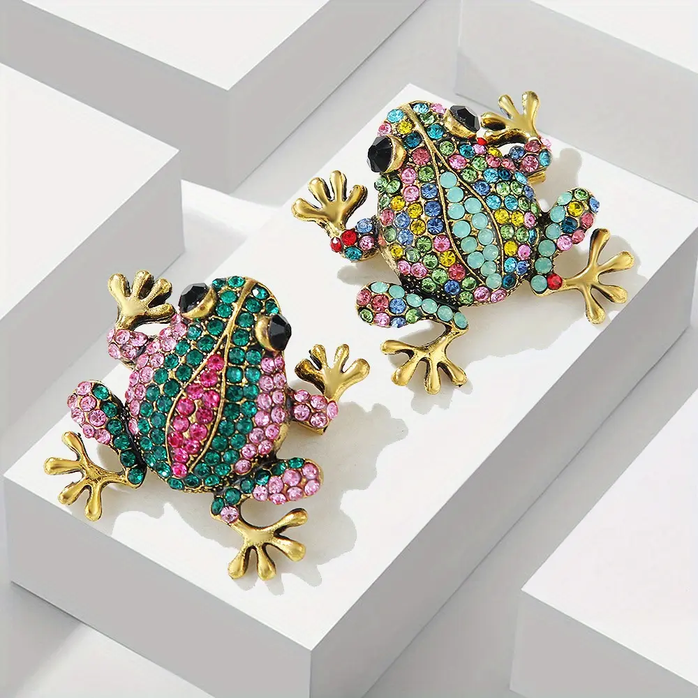 2pcs Retro Animal Shape Frog Brooches - Metal Zinc Alloy with Sparkling Stones, Unisex Everyday Gift-Ready Jewelry for Frog Lovers, Durable Party Accessory for Jackets, Bags