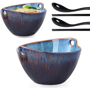 Ceramic Ramen Bowl with Chopsticks and Spoons Set, 6.7 Inch Noodle Bowl Set for Pho Udon Soba, Set of 2 (Sky Blue)
