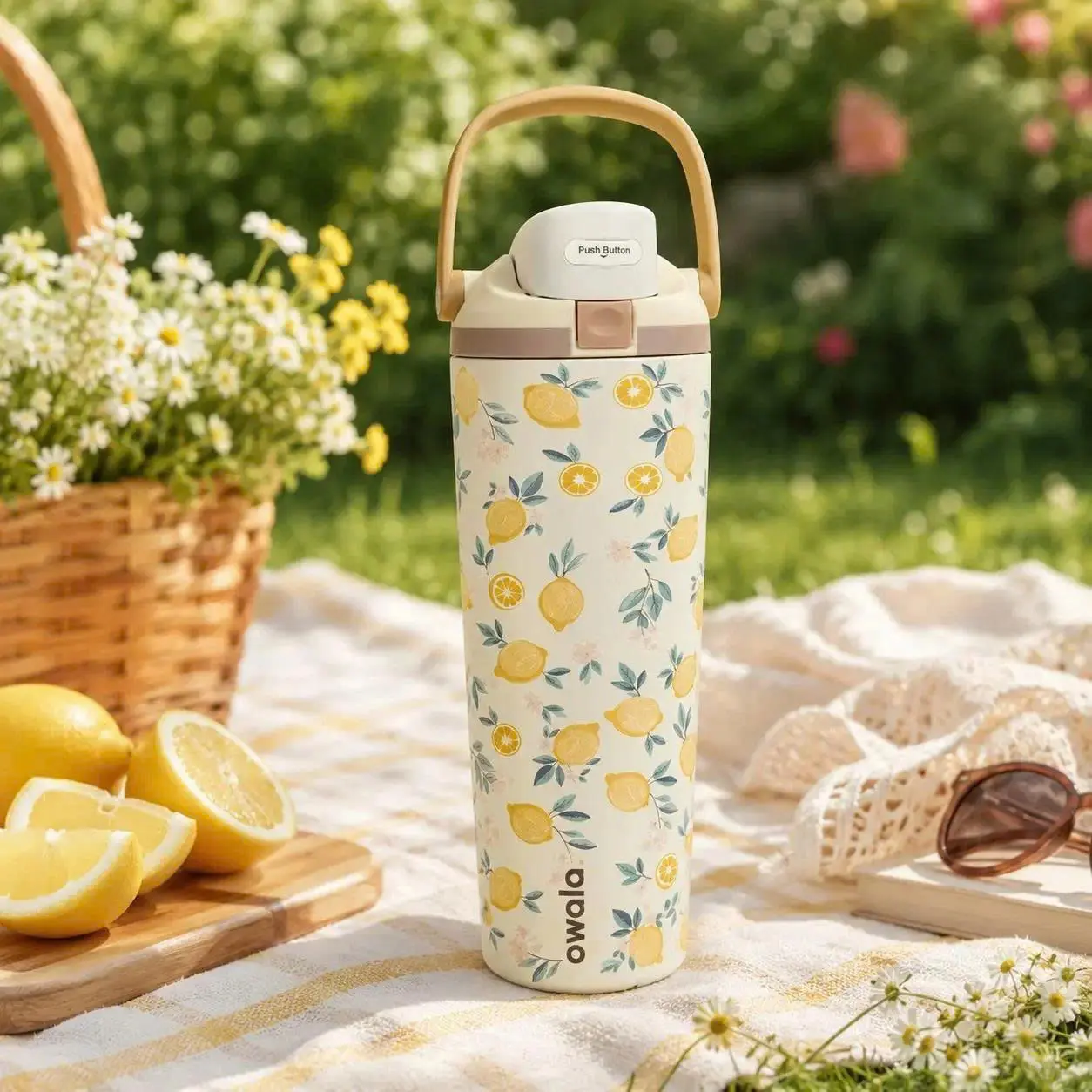 Owala 30oz Stainless Steel Insulated Drinkware, Lemon Floral Leakproof Water Bottle with Built-In Straw, Travel Tumbler