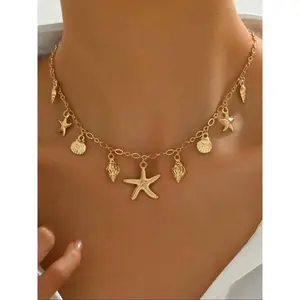 Women's Boho Style Starfish Shell Conch Design Layered Necklace Vintage Trendy Pendant Necklace Chic Jewelry Gift Girlfriend Daily Wear Dainty Necklace Adjustable Chain