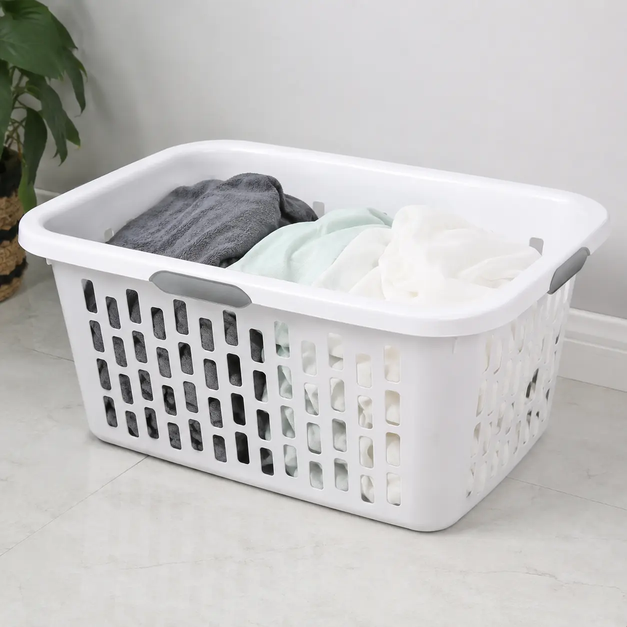 Large 2 Bushel Plastic Laundry Basket with 4 Comfort Grip Handles, White, Heavy Duty Laundry Hamper for Clothes, Towels and Sheets