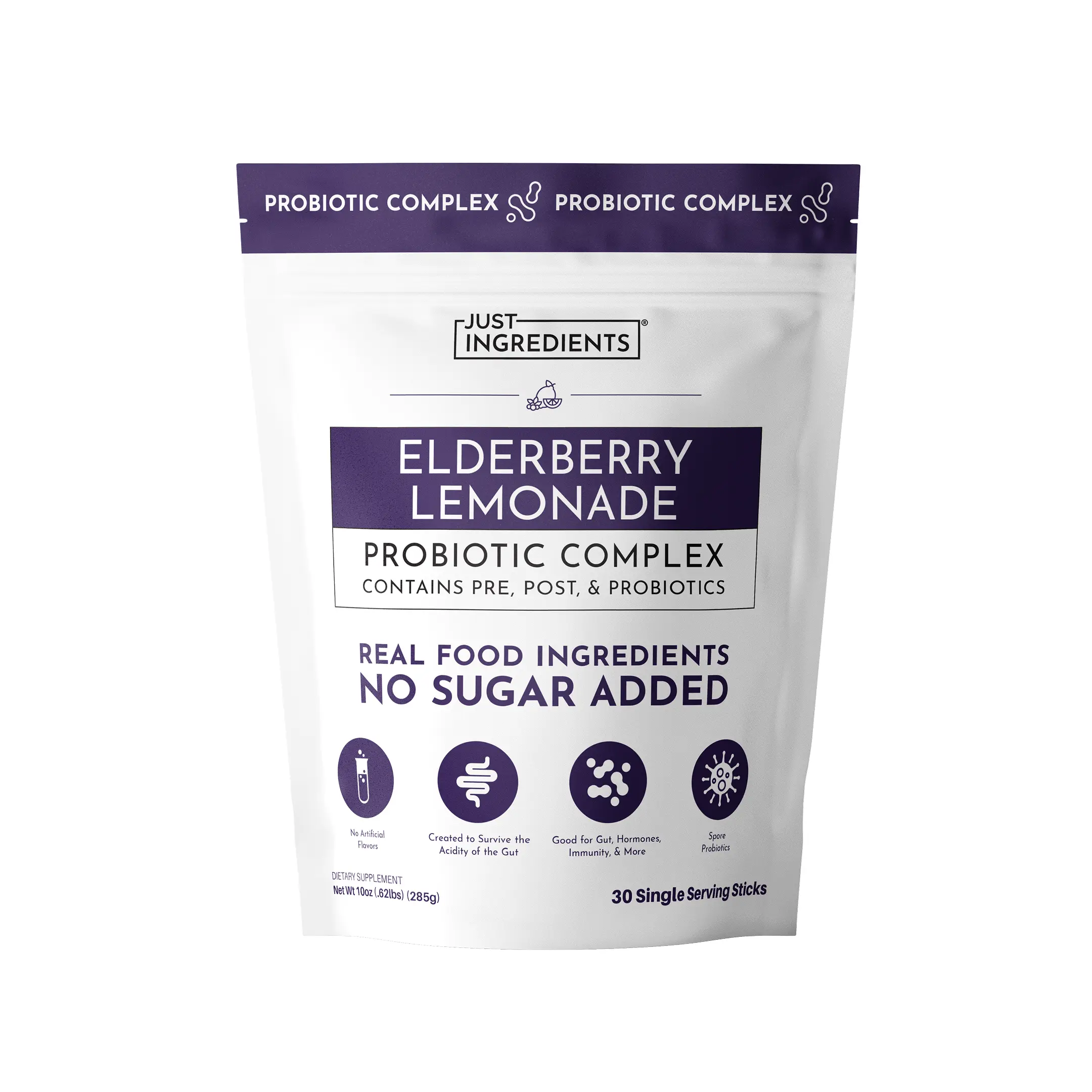 Just Ingredients Elderberry Lemonade 3‑In‑1 Probiotic Complex – 30 Single Serving Stick - Drink Mix - Prebiotics, Probiotics & Postbiotics – 5 Billion CFU Spore Strains + Lemon Extract – Immune, Gut & Digestive Support