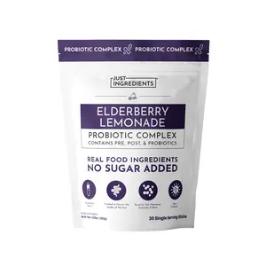 Just Ingredients Elderberry Lemonade  3‑In‑1 Probiotic Complex – 30‑Stick Drink Mix with Prebiotics, Probiotics & Postbiotics – 5 Billion CFU Spore Strains + Lemon Extract – Immune, Gut & Digestive Support