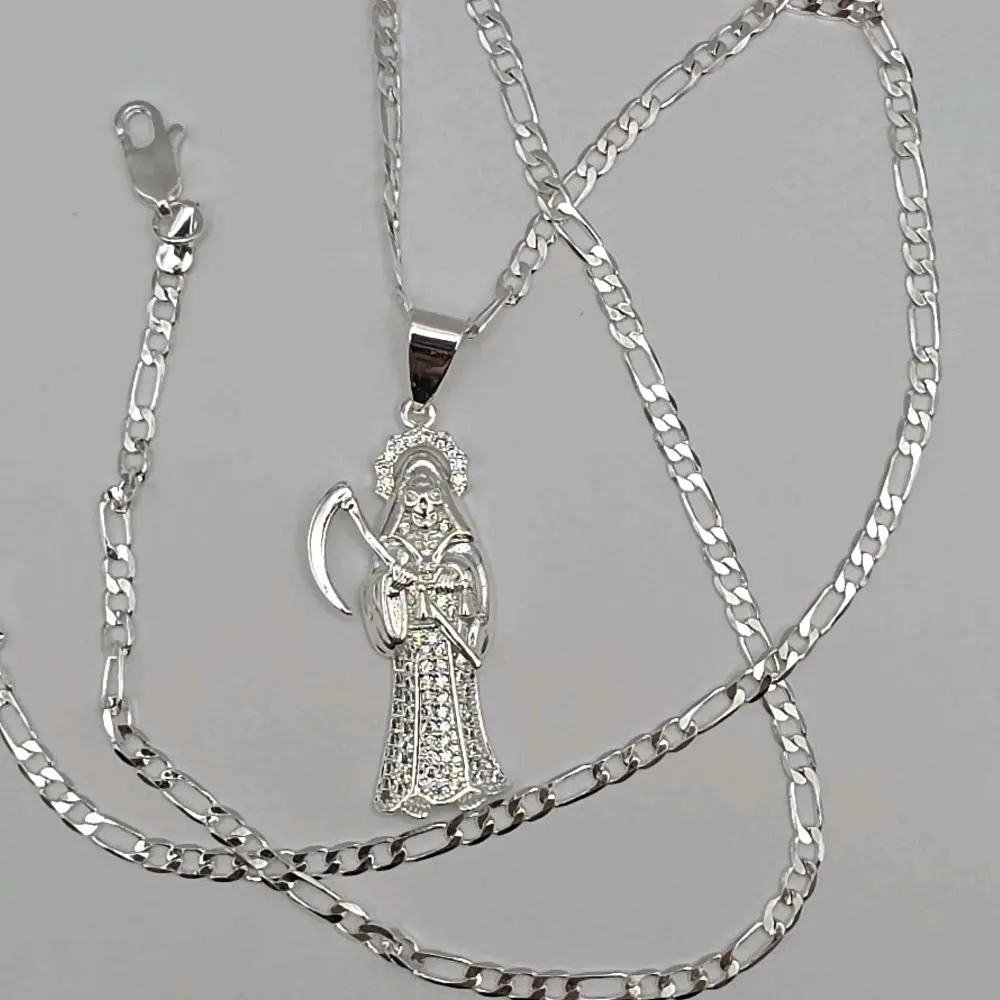 The grim reaper/La Santa Muerte  gold-plated silver color with figaro chain clear stone's