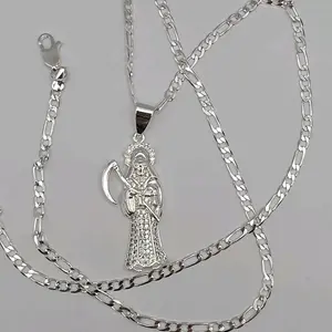 The grim reaper/La Santa Muerte  gold-plated silver color with figaro chain clear stone's