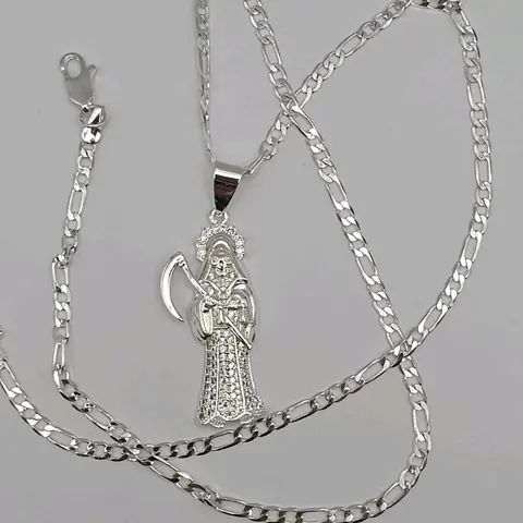 The grim reaper/La Santa Muerte  gold-plated silver color with figaro chain clear stone's