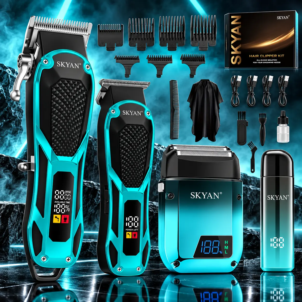 SKYAN 4-in-1 Hair Clippers for Men, Professional Cordless Barber Clippers Set with Hair Clipper, T-Blade Trimmer, Foil Shaver & Nose Trimmer, LED Display, USB Rechargeable Grooming Kit with Guide Combs & Accessories for Hair, Beard, Face & Home Barber Use