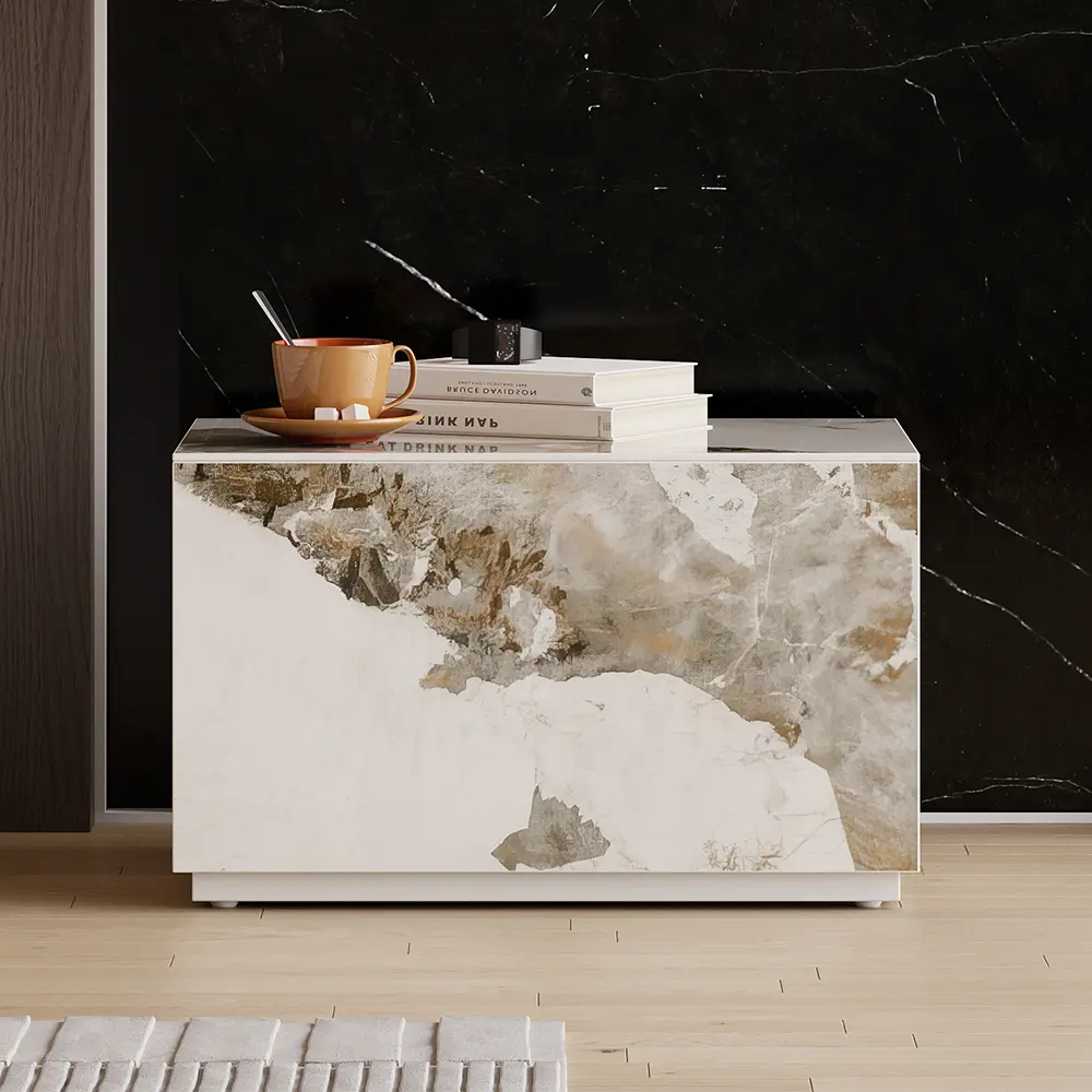 Homary Elegant Rectangle Sintered Stone Top Nightstand, 1-Drawer Indoor Furniture Side Table for Bedroom, 24" x 16" x 15"