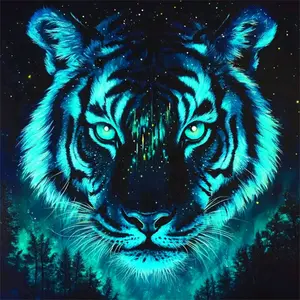 Neon Blue Tiger in Starry Forest with Aurora, Galaxy, Multiple sizes available including square and round diamonds. This 5D DIY diamond painting set diamond art embroidery kit handmade furniture decor holiday birthday gift Wall Art Painting