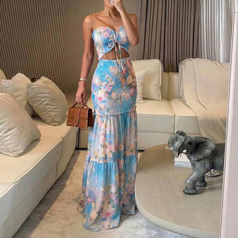 ChicMe Women's Tropical Floral Print Smocked Maxi Dress Ruched Bandeau Cutout Summer Vacation Dress Elegant Shirred Ruffle Hem Mermaid Beach Dress/Summer Dress/Seaside Vacation Sleeveless Skirt - TikTok Shop ChicMe Women's Tropical Floral Print Smocked Maxi Dress Ruched Bandeau Cutout Summer Vacation Dress Elegant Shirred Ruffle Hem Mermaid Beach Dress/Summer Dress/Seaside Vacation Sleeveless Skirt - TikTok Shop