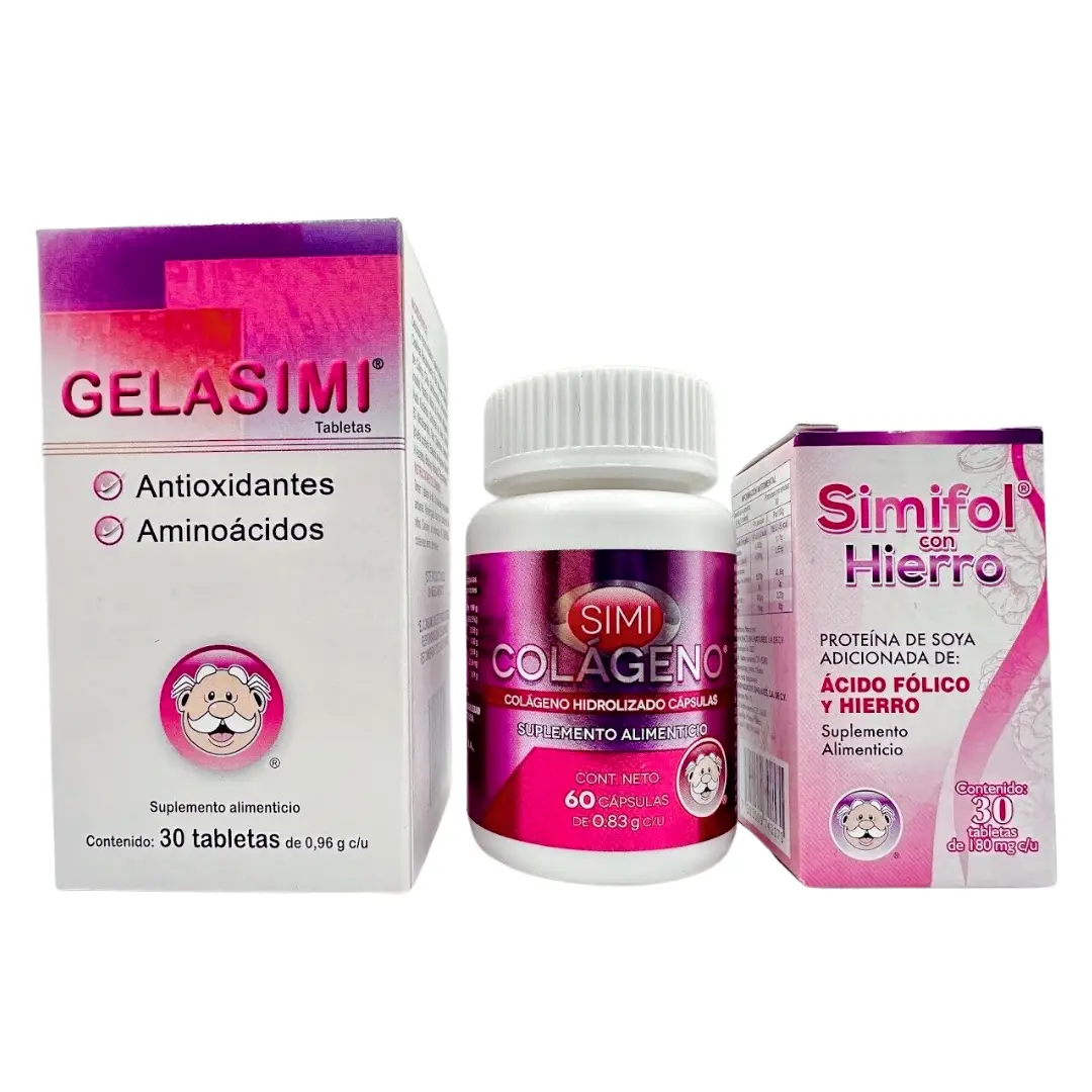 3 pack GELASIMI Antioxidante y Aminoacidos + SIMICOLAGENO Oral +SIMIFOL HIERRO 3 Pack Edible Supplement Fitness Healthcare Dietary Natural Collagen Op
