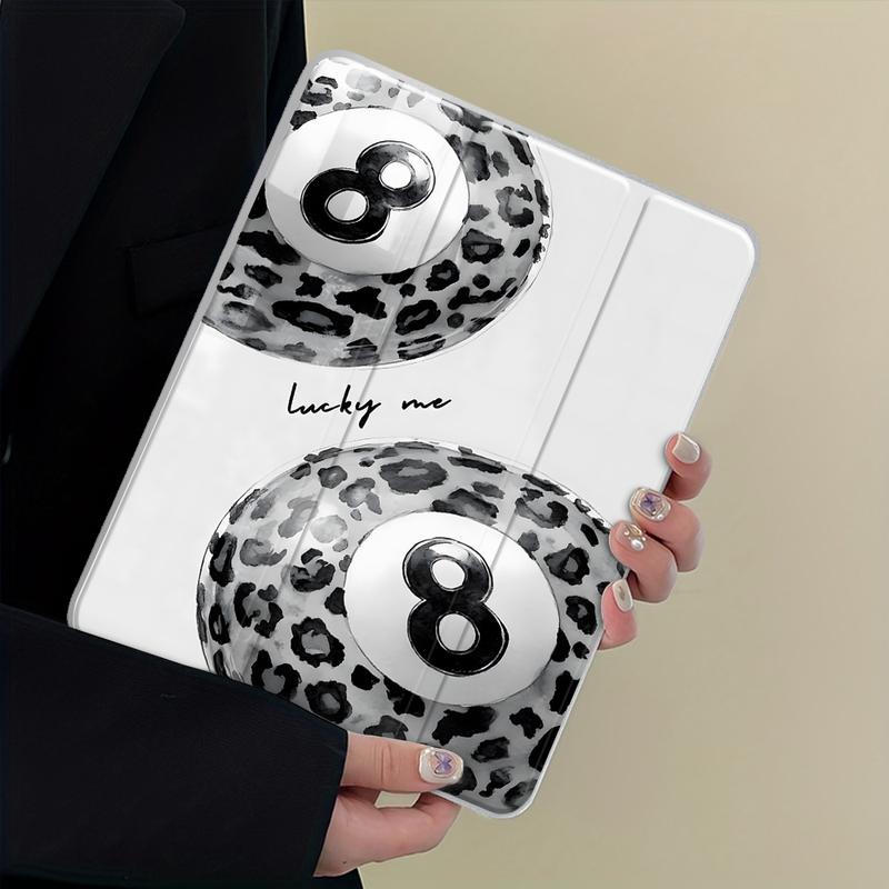 Trendy Leopard 8 Ball  iPad Case, Tri-Fold Stand Case for iPad, "Lucky Me" Aesthetic Transparent Acrylic Hard Back, Pencil and Charger Slots, Tablet Casing, Tablet Cover for iPad 10.2inch, Mini, Pro, Air, Ideal for Work and School