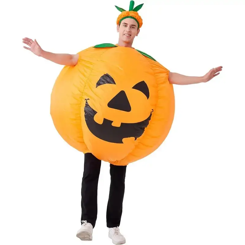 Inflatable Pumpkin Costume Self-Standing Balloon Set with Green Top Hat Style Easy to Inflate Lightweight Portable for Halloween Christmas Thanksgiving Parties Non-Toxic Party Accessories Menswear Clothes