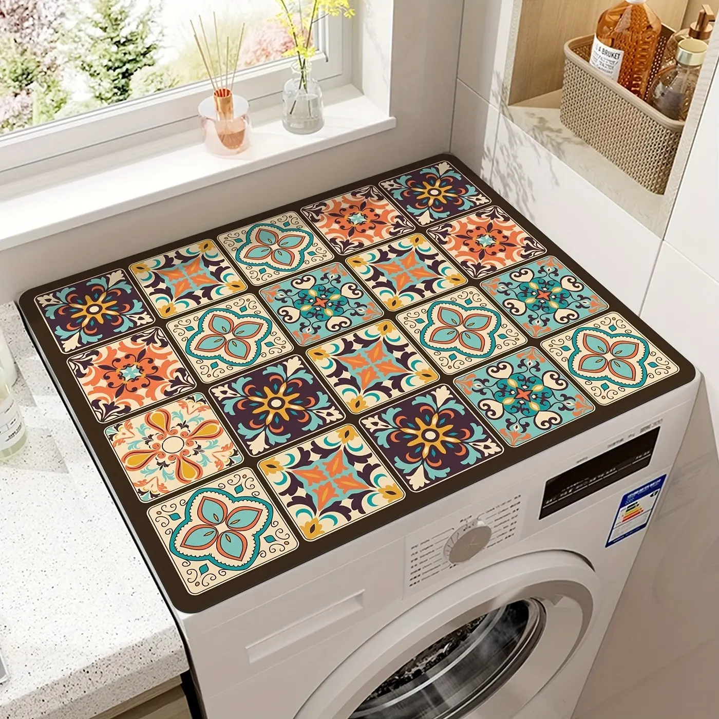 Colorful Floral Washing Machine Protective Cover, Premium Diatomite Waterproof Dustproof Mat, 59.99x50.01cm Stylish Decor Pad for Laundry Room