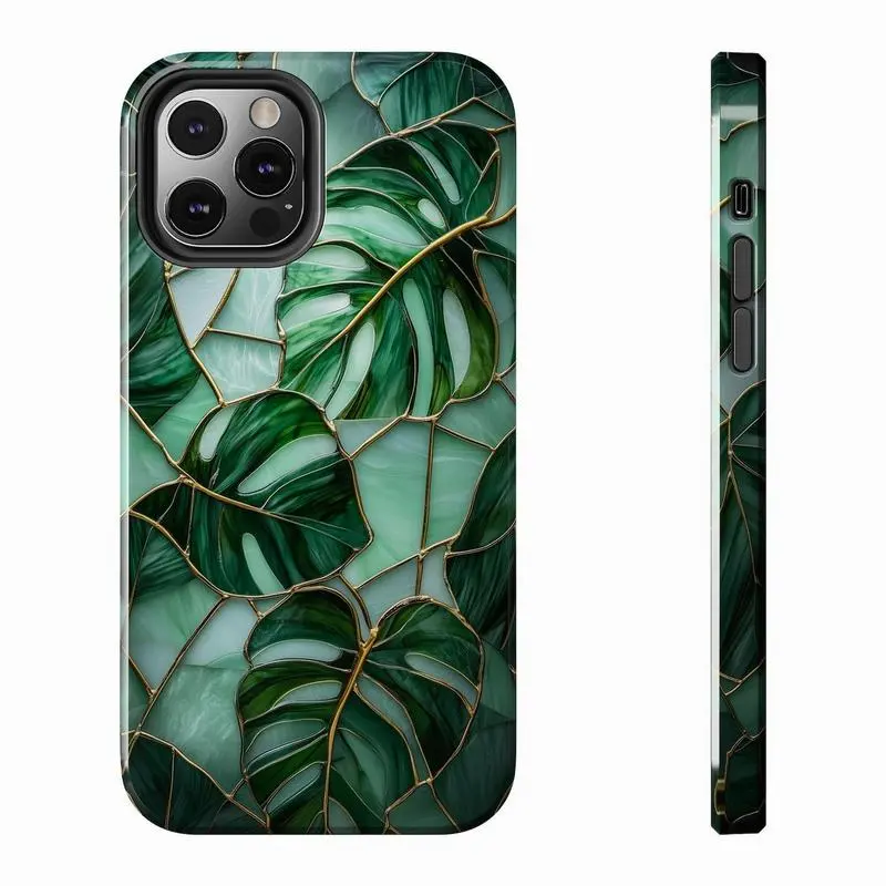 Stained Glass Style Polycarbonate Shockproof Cellphone Case - Halloween Accessory for iPhone 13-17, Featuring Monstera Leaf, Art Deco Green Houseplant, Leopard Print, Bling Glitter, Virgin Mary Designs (Cellphone Accessories)