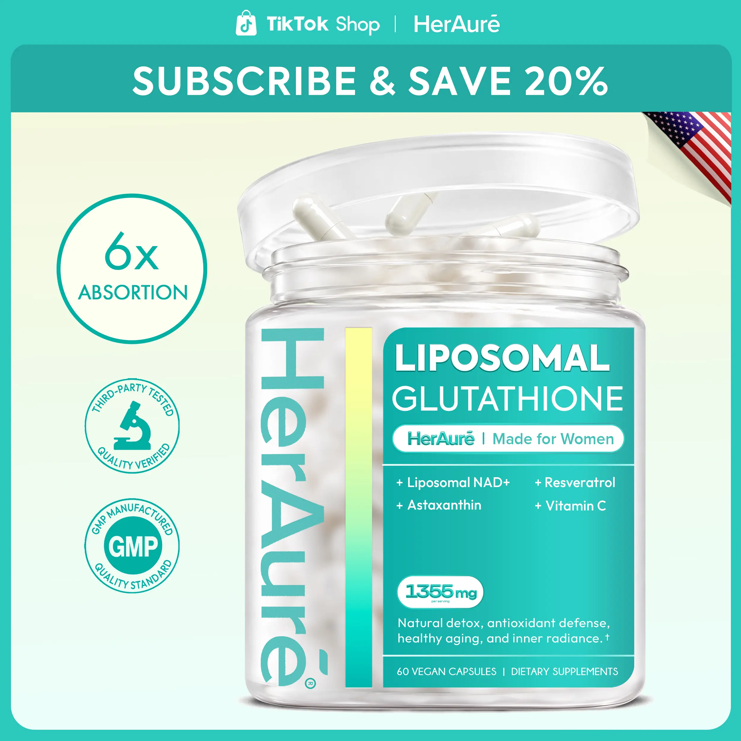 HerAuré Liposomal Glutathione Supplement 1355mg - With NAD+, Vitamin C, Resveratro  & Astaxanthin - Enhanced Absorption for Healthy Skin, Oxidative Stress Support, Immunity, Daily Energy & Liver Detox Support sohochic-B