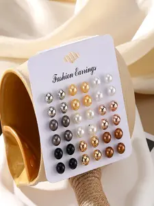 Women's Pearl Earrings Set, 18 Pairs Mixed Colors, Simple Fashion Design, Casual Style, Versatile Small Studs Gift