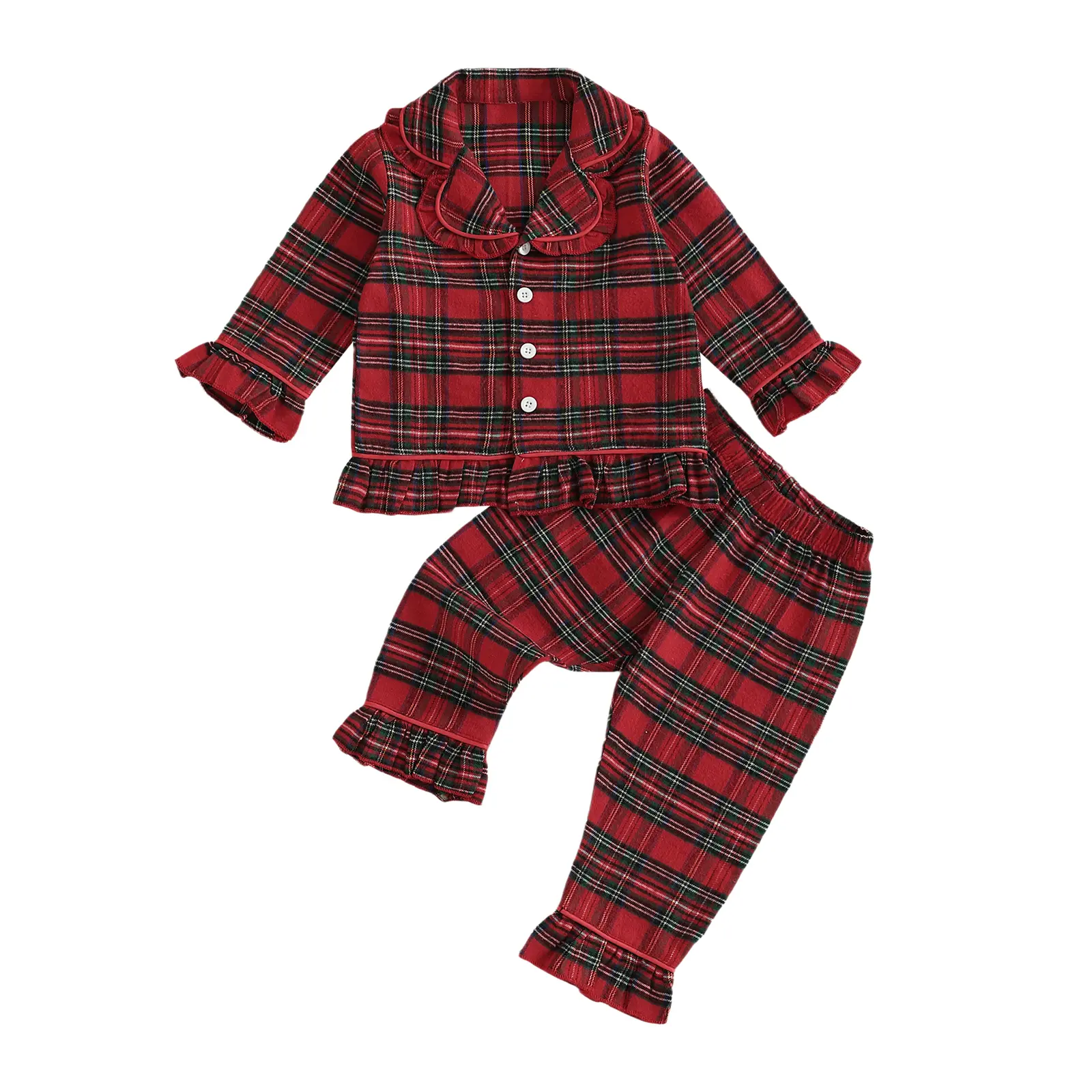 Canrulo Christmas Pajamas for Kids Girl Plaid Pajama Pants Set Lapel Collar Button Down Sleepwear Matching Christmas Pjs