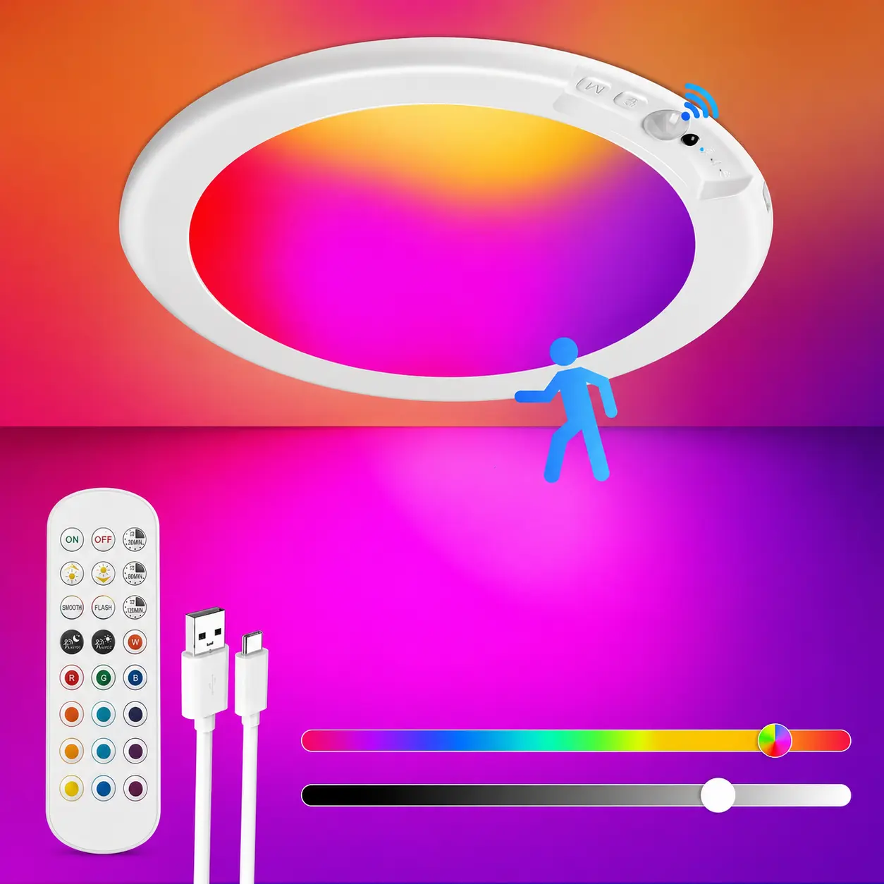 12-Color RGB Wirless Rechargeable Motion Sensor Ceiling Light with Remote Control - Magnetic Wireless Ceiling Light Battery Powered for Closet Shower Stairs Shed Hallway ect