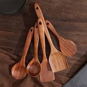 5-piece pure wooden spoon set, heat & scald resistant, multi-functional cooking utensils