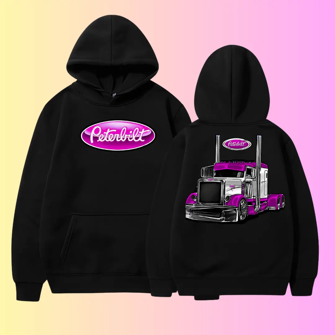 Peterbilt Truck 2side Hoodie – Pink Chrome Semi Truck Pullover, Custom Trucker Sweatshirt, Diesel Rig Graphic Hoodie, Classic Peterbilt Logo, Gift for Big Rig Fans