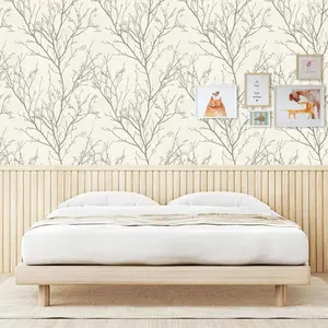1 roll of light gray tree branch pattern self-adhesive wallpaper, peel and stick, waterproof wallpaper, detachable contact paper, easy to install, suitable for home decoration, bedroom, living room, kitchen decoration wallpaper, furniture and closet surfa