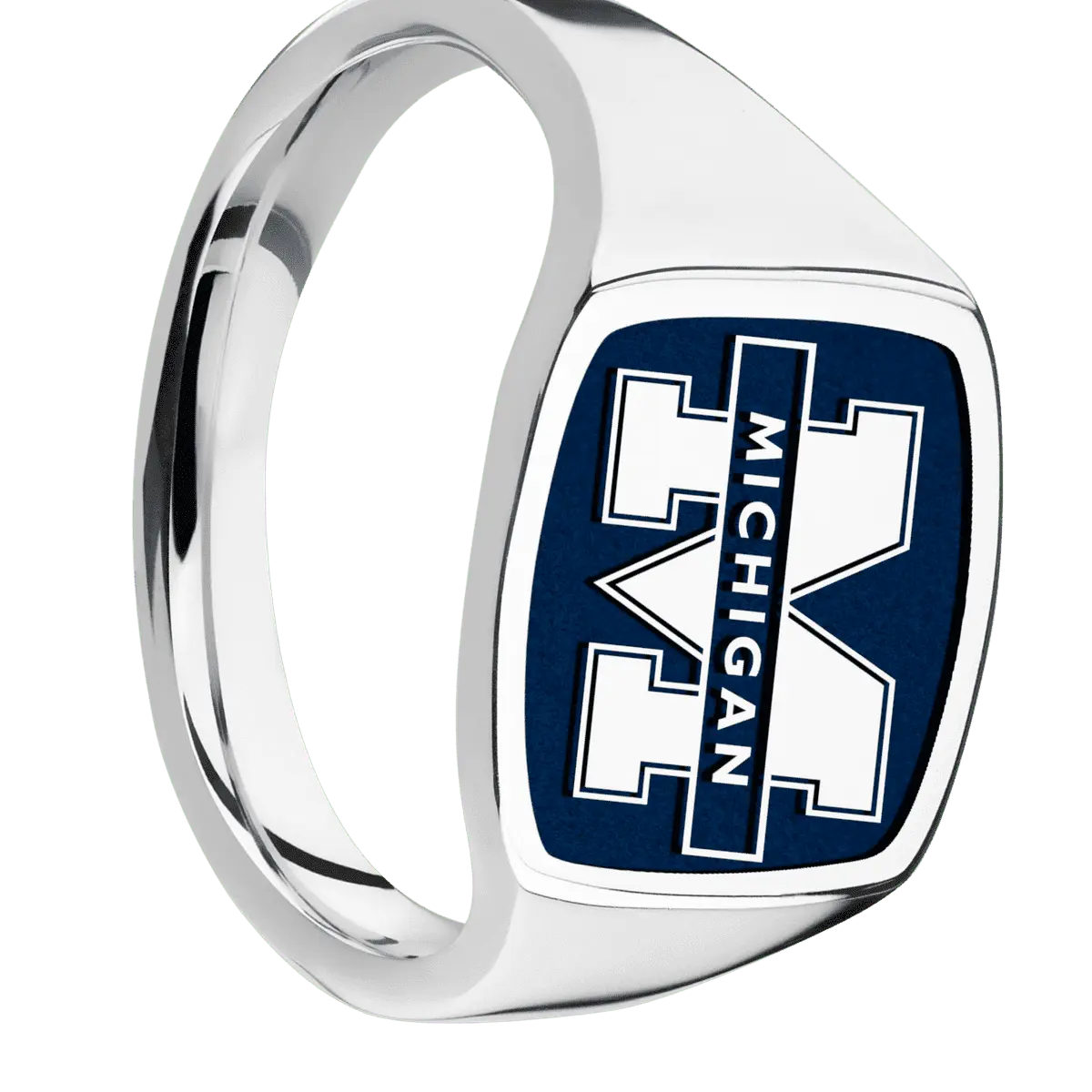 Medium Cushion signet ring (14x14mm) in Cobalt Chrome, with a Thin style band and a Michigan Michigan M Banner Rev engraving.