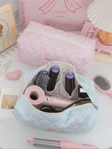 Large Capacity Plaid Print Travel Storage Bag, Hair Dryer Curling Iron Straightener Organizer, Cosmetics Organizer, Women's Makeup Tool Pouch, Handheld Cosmetic Pouch, Home Essential Gift