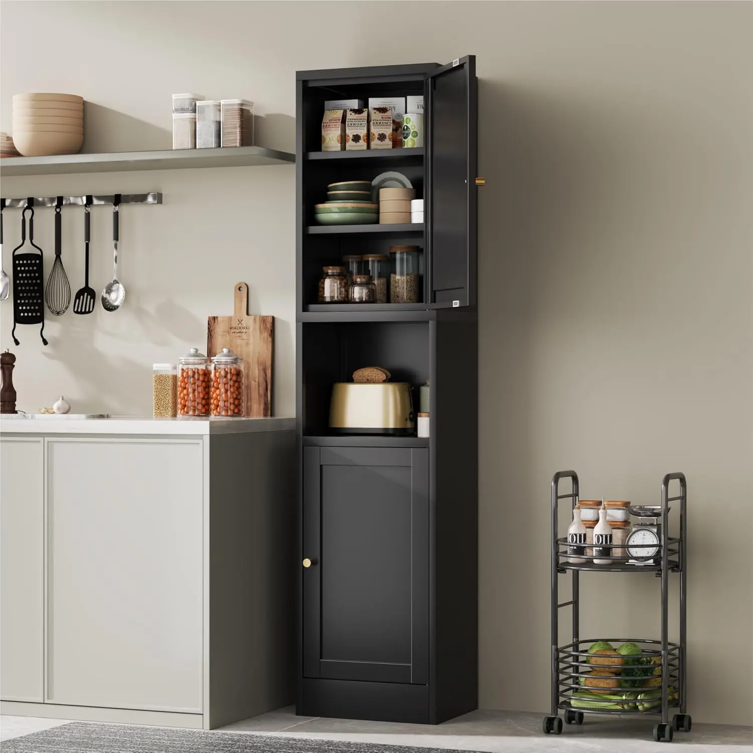 Tall Metal Storage Cabinet with Open Countertop,Bathroom Cabinet with 3 Adjustable Shelves and 2 Doors,Narrow Sideboard for Small Spaces, Living Room, Kicthen, Dining Room,Black