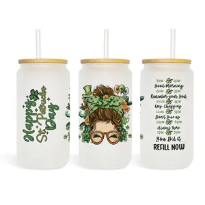 Happy St. Patricks Day 16oz. Frosted Glass Tumbler with Bamboo Lid and Straw, Mason Glass Jar, Iced Coffee Cup, Gift for Her for St. Patricks Day