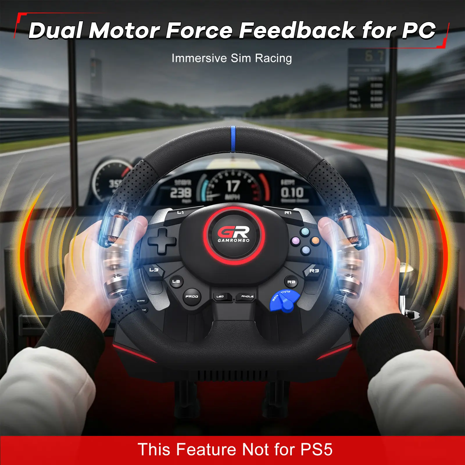 Feel Every Turn – Oversized Racing Wheel with Hand-Stitched Leather, 270°/900° Dual-Mode, Real Force Feedback, Hall-Effect Pedals, RGB & Macro Mapping. Works on PS5/PS4/PC – Race Like a Pro!
