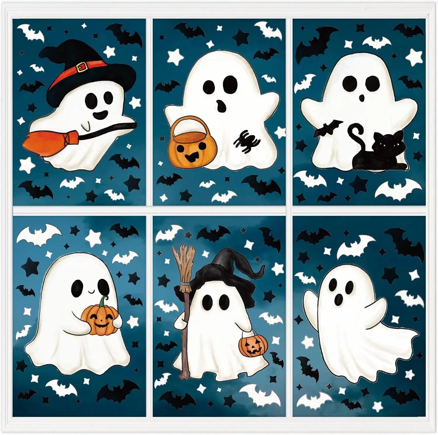 161 PCS Halloween Window Clings Double Sided Ghost Window Stickers Reusable Seasonal Window Decorations Ghost Decor Decals for Glass Windows Home Office Party 6 Sheets