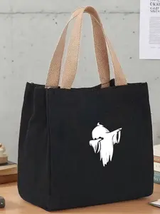 Ghost Silhouette Print Bag, Canvas, Woven Handle, Casual Style, Halloween Streetwear, Unique Design