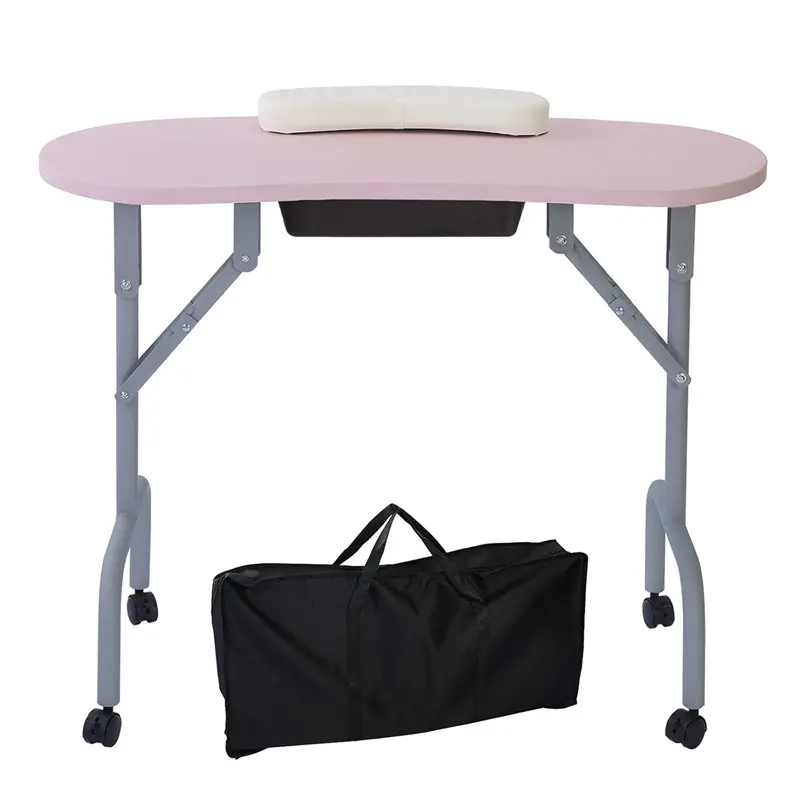36" Pink Portable Nail Cart - Foldable Space-Saving Salon Furniture, Nail Table Station with Large Drawer, Locking Wheels, Wrist Cushion, Carry Bag, Foldable Nail Table