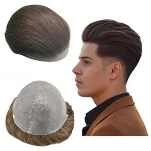 【TIMIA】Men's wig 8x10 men's wig piece Men's straight human hair replacement wig system European human hair Men's PU material mesh bottom, breathable and comfortable #2 dark brown Suitable for men with thinning hair or hair loss