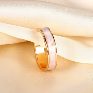 Luster Finery Pink Shell Inlay Open Ring - Adjustable 14K Gold Plated Stackable Band - Minimalist Mother-of-Pearl Jewelry for Date Night, Bridal & Everyday Look
