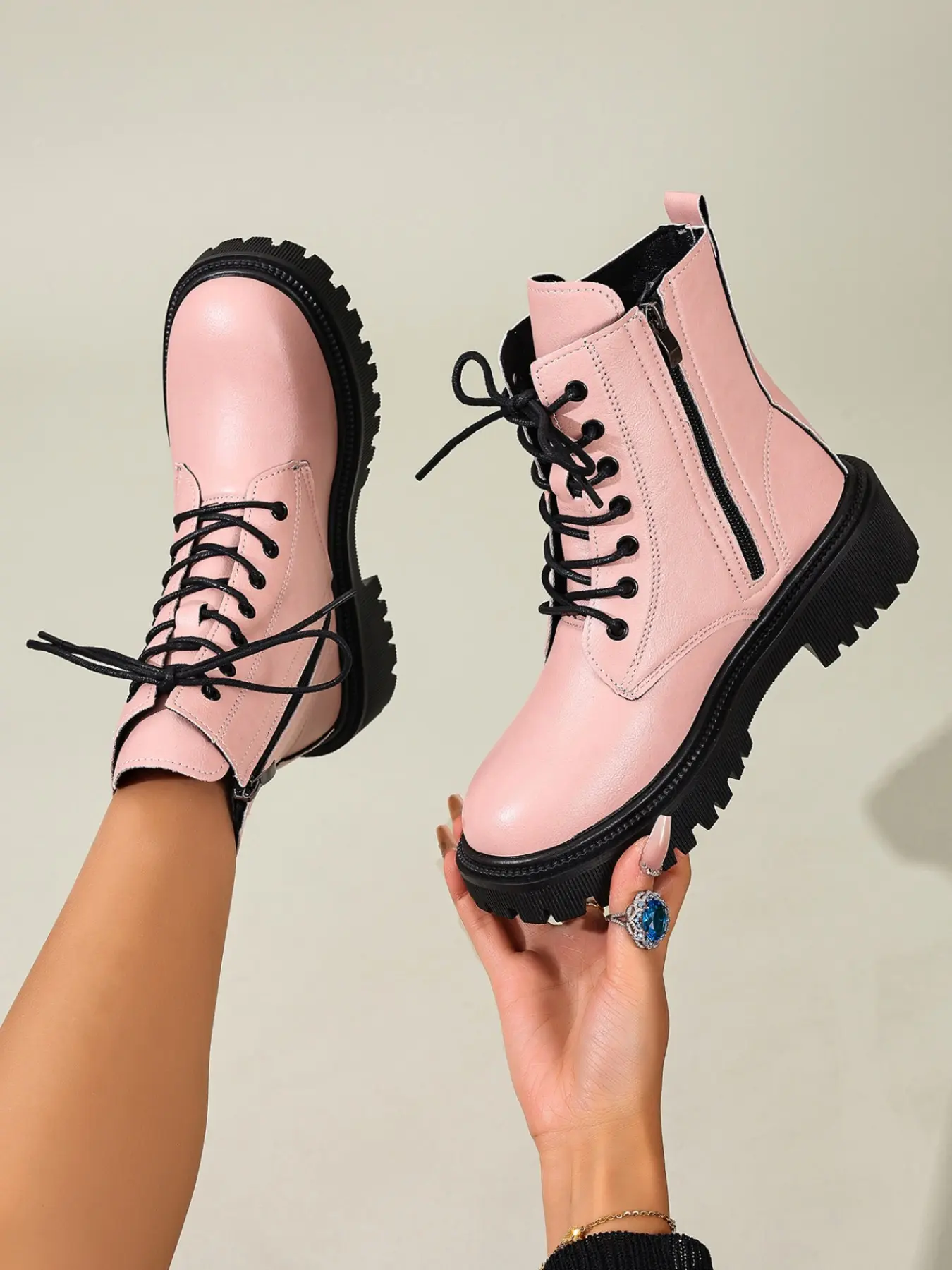 Women's Punk Gothic Zipper Motorcycle Boots, Lace-Up Design, Multiple Colors Available, Casual Outdoor Wear, Fall & Winter, Footwear, Thick Heeled Boots